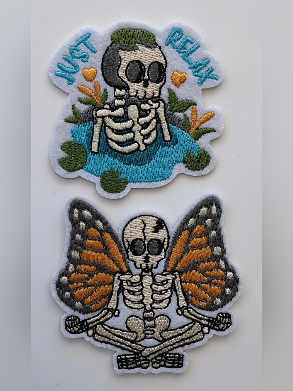 IRON OR SEW ON EMBROIDERED PATCHES SKELETONS JUST RELAX